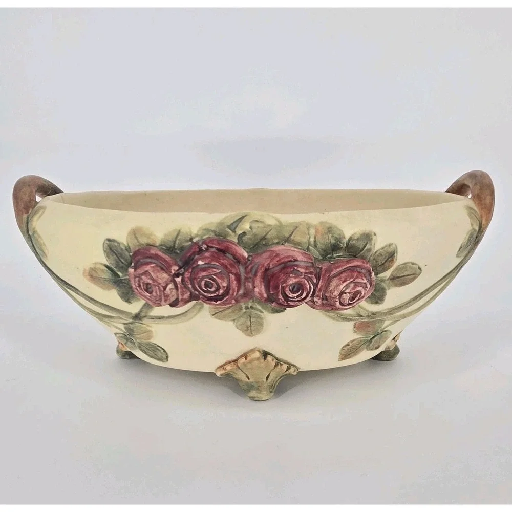 Antique Weller Roma Rose Pottery Oval Console Bowl Planter Applied Roses 11in OH